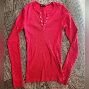 Zara Red Long Sleeved Henley Top Size Small